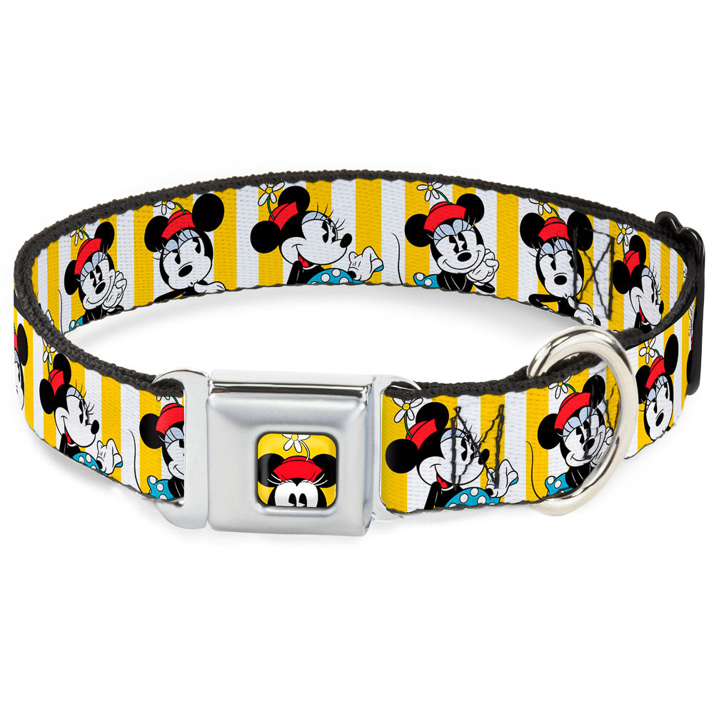 Minnie Mouse w Hat CLOSE-UP Full Color Yellow Seatbelt Buckle Collar - Minnie Mouse w/Hat Poses Stripe Yellow/White Dog Collars Seatbelt Buckle Disney