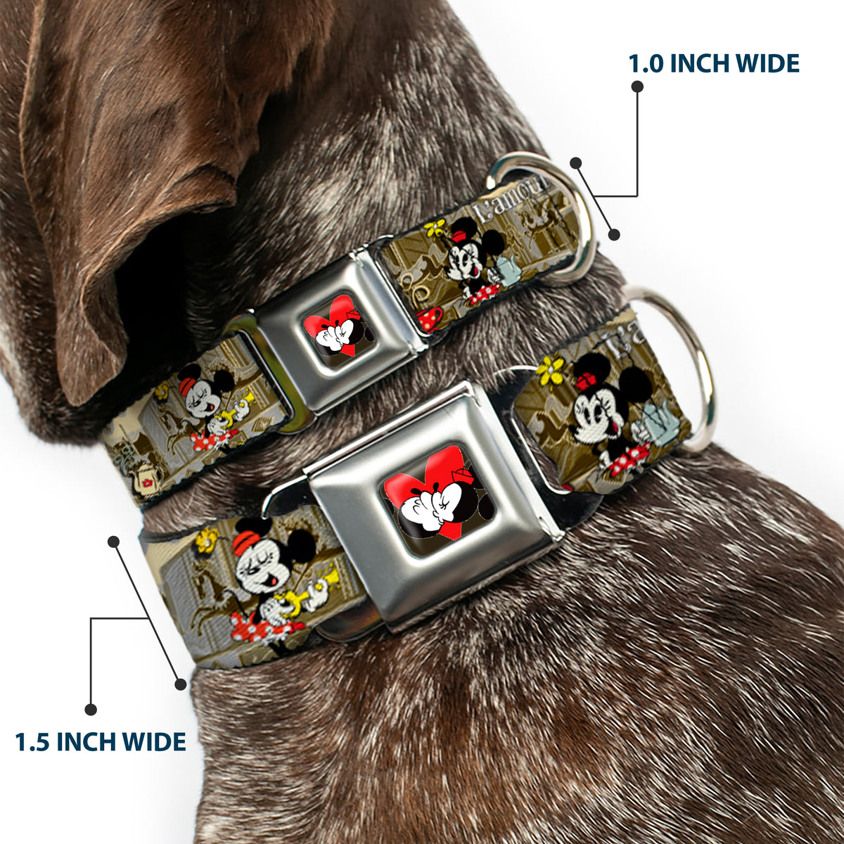 Mickey & Minnie Kiss Heart Full Color Gray Seatbelt Buckle Collar - Mickey & Minnie Croissant de Triomphe Scenes Dog Collars Seatbelt Buckle Disney