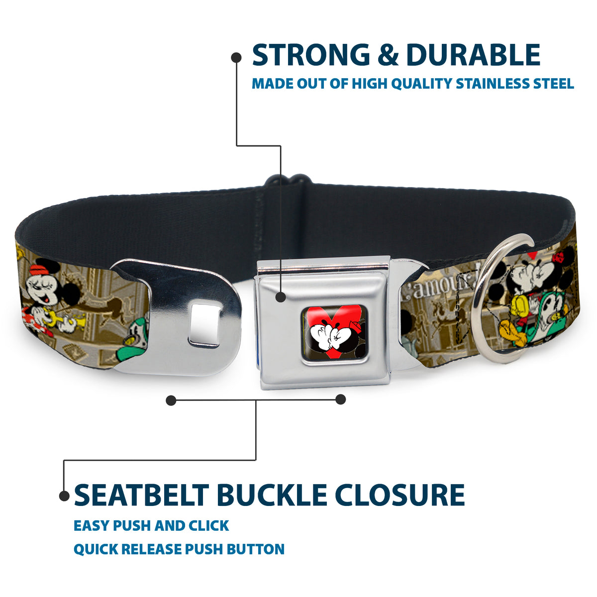Mickey & Minnie Kiss Heart Full Color Gray Seatbelt Buckle Collar - Mickey & Minnie Croissant de Triomphe Scenes Dog Collars Seatbelt Buckle Disney