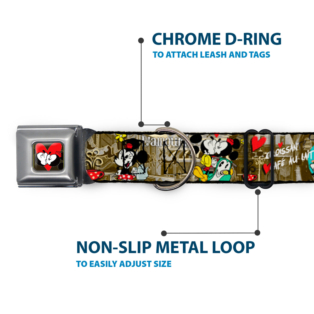 Mickey & Minnie Kiss Heart Full Color Gray Seatbelt Buckle Collar - Mickey & Minnie Croissant de Triomphe Scenes Dog Collars Seatbelt Buckle Disney