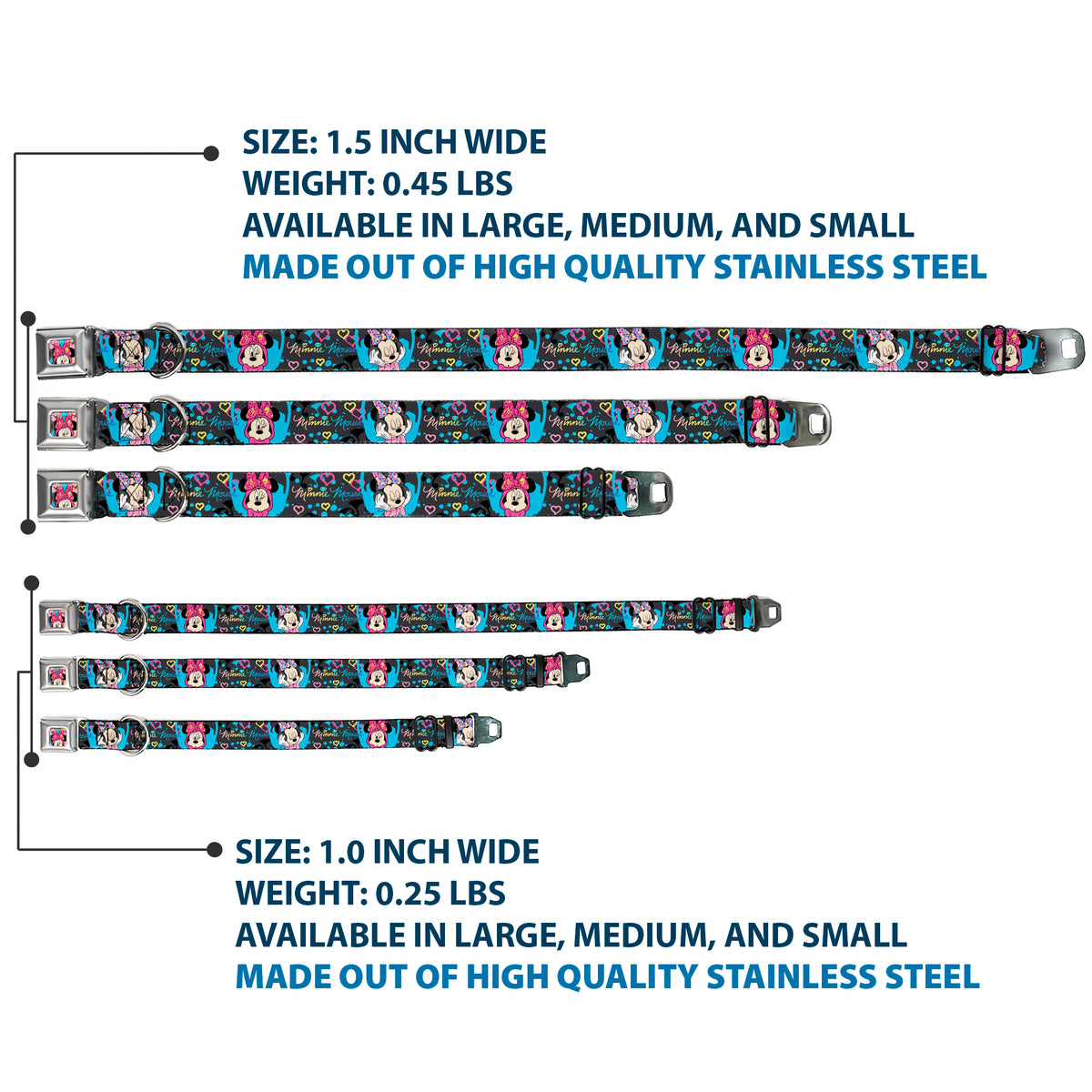 Minnie Mouse Winking CLOSE-UP Full Color Multi Color Seatbelt Buckle Collar - Minnie Mouse Hoody & Headphone Poses Gray/Multi Color Dog Collars Seatbelt Buckle Disney