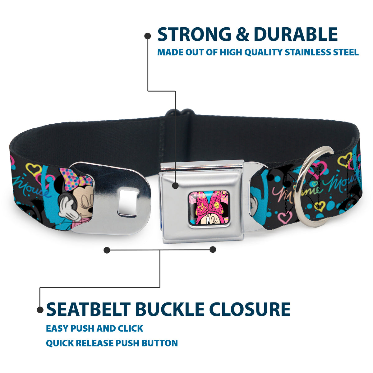 Minnie Mouse Winking CLOSE-UP Full Color Multi Color Seatbelt Buckle Collar - Minnie Mouse Hoody & Headphone Poses Gray/Multi Color Dog Collars Seatbelt Buckle Disney
