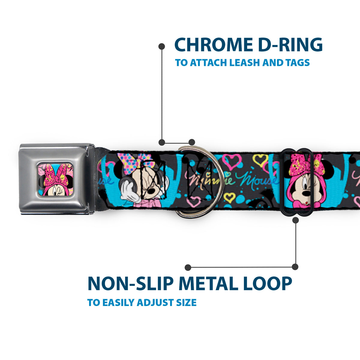 Minnie Mouse Winking CLOSE-UP Full Color Multi Color Seatbelt Buckle Collar - Minnie Mouse Hoody & Headphone Poses Gray/Multi Color Dog Collars Seatbelt Buckle Disney