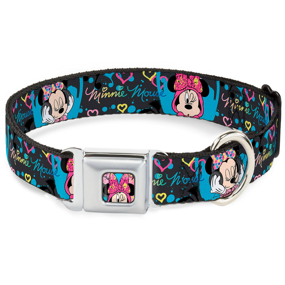 Minnie Mouse Winking CLOSE-UP Full Color Multi Color Seatbelt Buckle Collar - Minnie Mouse Hoody & Headphone Poses Gray/Multi Color Dog Collars Seatbelt Buckle Disney