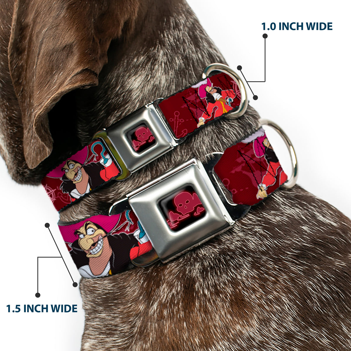 Peter Pan Skull Rock Full Color Black/Burgundy Seatbelt Buckle Collar - Captain Hook Poses/Nautical Elements Burgundy Dog Collars Seatbelt Buckle Disney