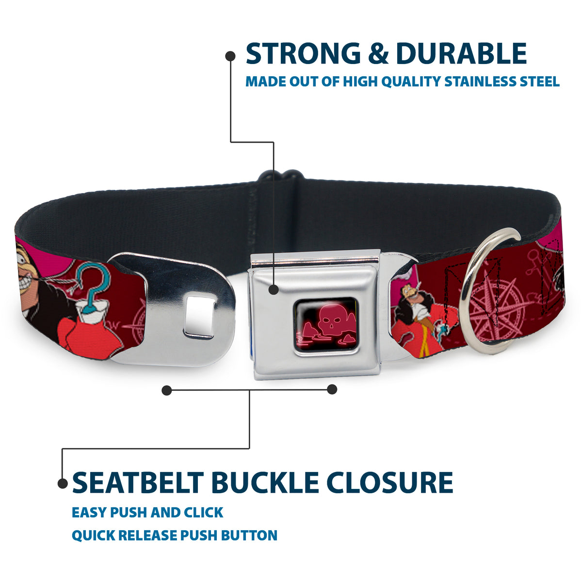 Peter Pan Skull Rock Full Color Black/Burgundy Seatbelt Buckle Collar - Captain Hook Poses/Nautical Elements Burgundy Dog Collars Seatbelt Buckle Disney