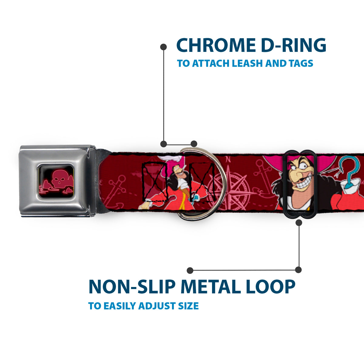 Peter Pan Skull Rock Full Color Black/Burgundy Seatbelt Buckle Collar - Captain Hook Poses/Nautical Elements Burgundy Dog Collars Seatbelt Buckle Disney