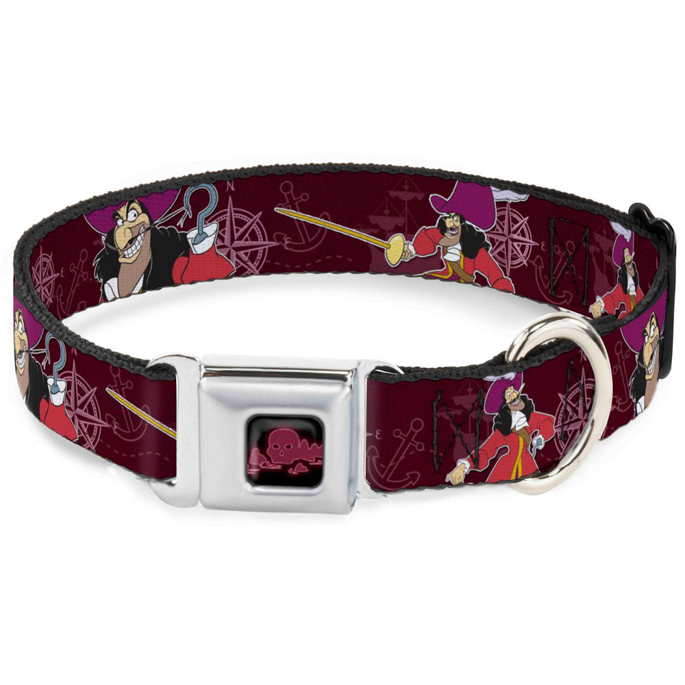 Peter Pan Skull Rock Full Color Black/Burgundy Seatbelt Buckle Collar - Captain Hook Poses/Nautical Elements Burgundy Dog Collars Seatbelt Buckle Disney