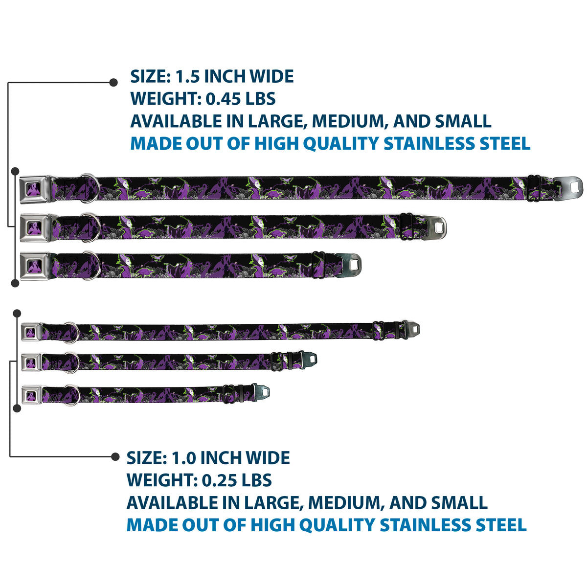 Dragon Maleficent Full Color Black Purple Seatbelt Buckle Collar - Maleficent & Diablo Black Roses/Purples Dog Collars Seatbelt Buckle Disney