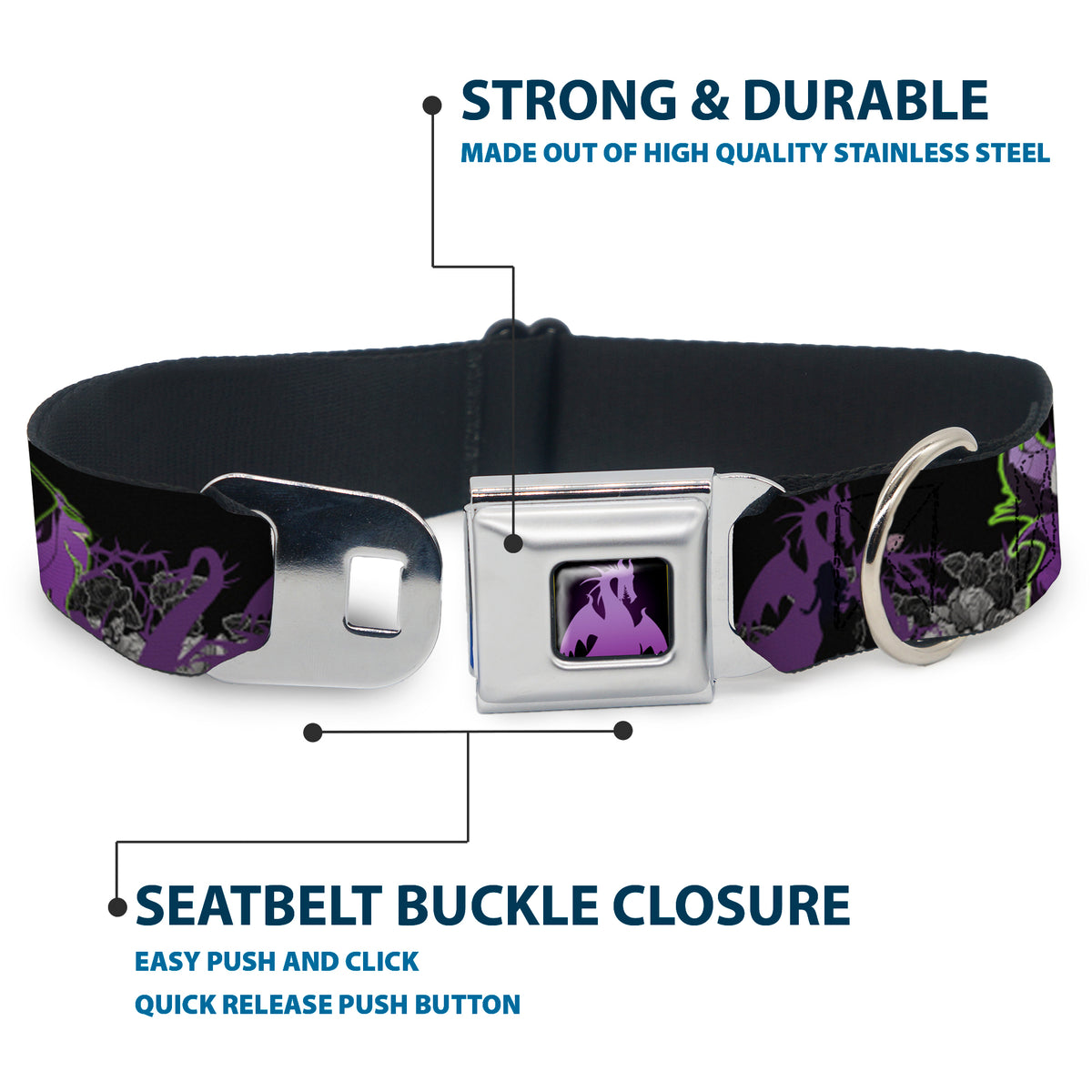 Dragon Maleficent Full Color Black Purple Seatbelt Buckle Collar - Maleficent & Diablo Black Roses/Purples Dog Collars Seatbelt Buckle Disney