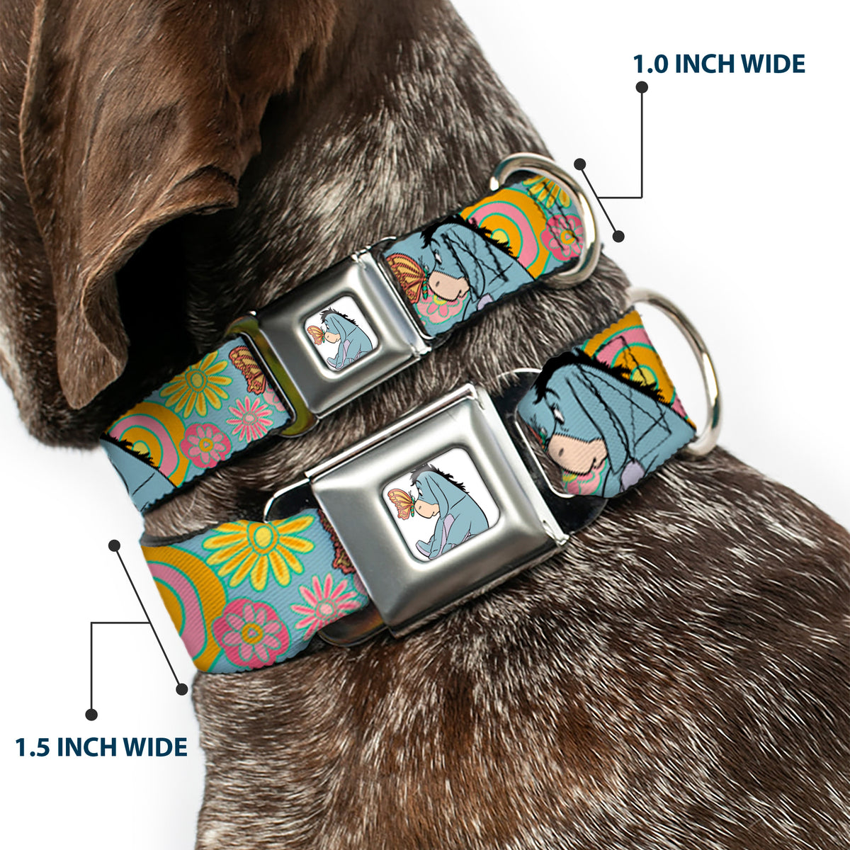 Winnie the Pooh Eeyore Butterfly Pose Full Color White Seatbelt Buckle Collar - Winnie the Pooh Eeyore Butterfly Pose Floral Collage Blue/Pinks/Yellows Dog Collars Seatbelt Buckle Disney