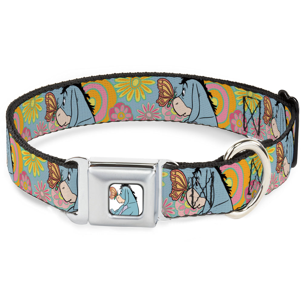 Winnie the Pooh Eeyore Butterfly Pose Full Color White Seatbelt Buckle Collar - Winnie the Pooh Eeyore Butterfly Pose Floral Collage Blue/Pinks/Yellows Dog Collars Seatbelt Buckle Disney