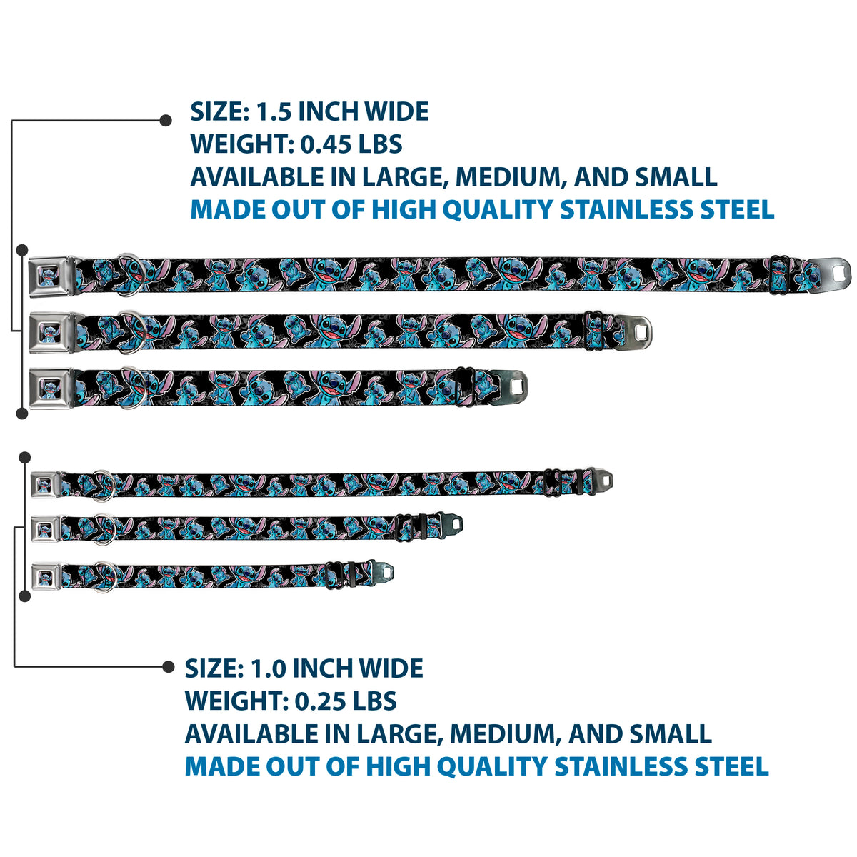 Stitch Face Sketch CLOSE-UP Full Color Black Seatbelt Buckle Collar - Stitch Poses/Hibiscus Sketch Black/Gray/Blue Dog Collars Seatbelt Buckle Disney