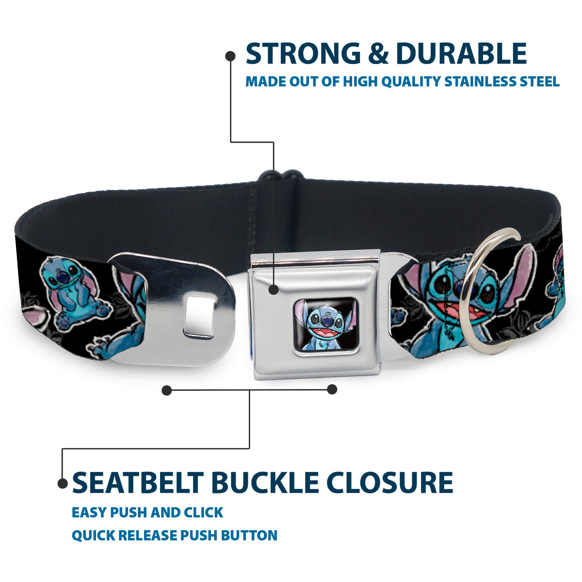 Stitch Face Sketch CLOSE-UP Full Color Black Seatbelt Buckle Collar - Stitch Poses/Hibiscus Sketch Black/Gray/Blue Dog Collars Seatbelt Buckle Disney