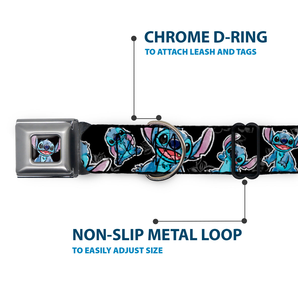Stitch Face Sketch CLOSE-UP Full Color Black Seatbelt Buckle Collar - Stitch Poses/Hibiscus Sketch Black/Gray/Blue Dog Collars Seatbelt Buckle Disney