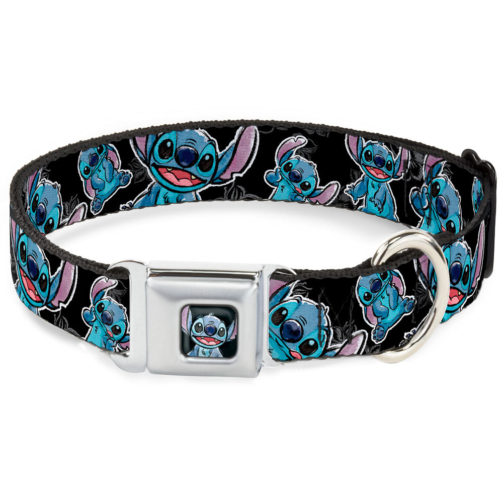 Stitch Face Sketch CLOSE-UP Full Color Black Seatbelt Buckle Collar - Stitch Poses/Hibiscus Sketch Black/Gray/Blue Dog Collars Seatbelt Buckle Disney