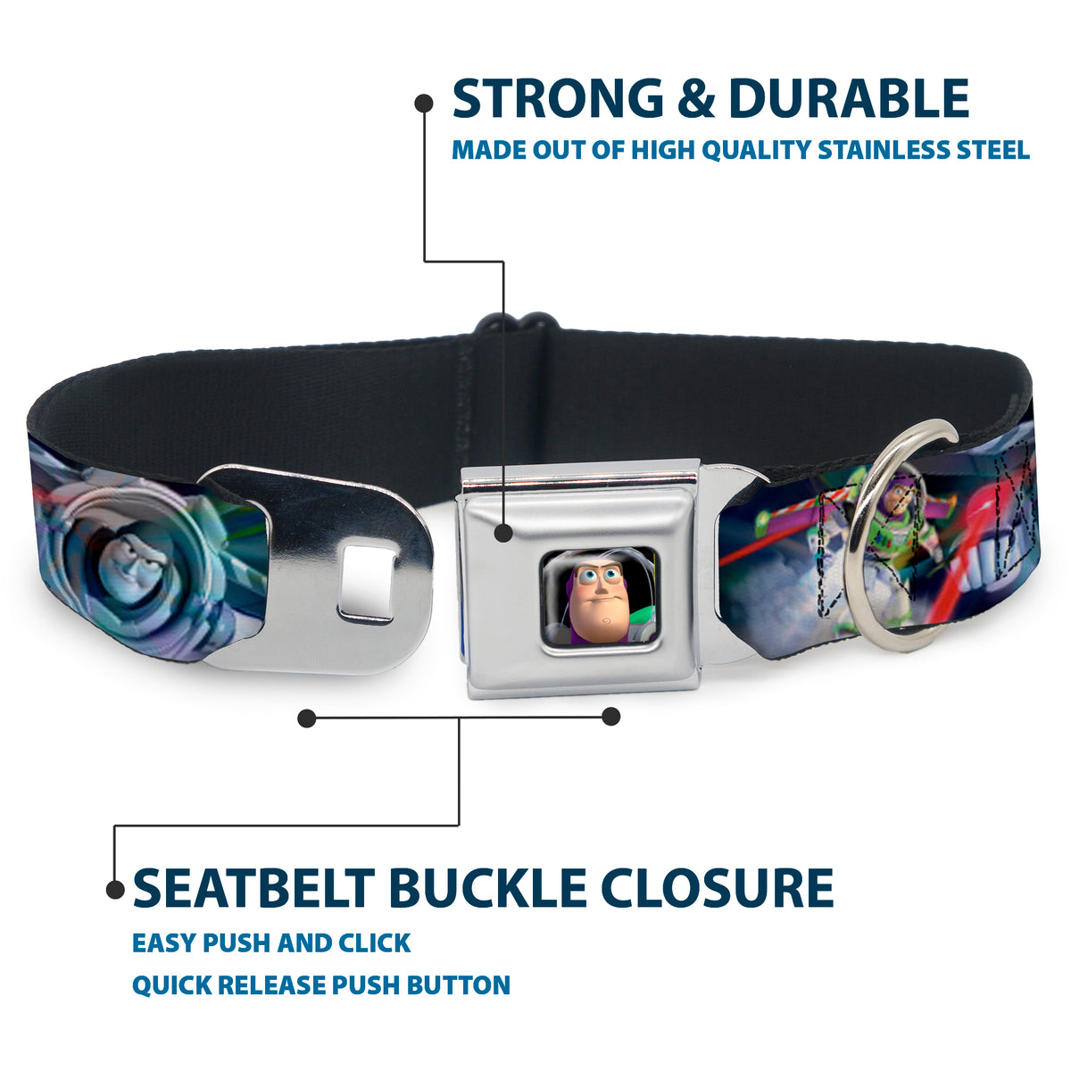 Buzz Lightyear Pose2 Full Color Black Seatbelt Buckle Collar - Buzz Lightyear Action Poses Stacked Dog Collars Seatbelt Buckle Disney