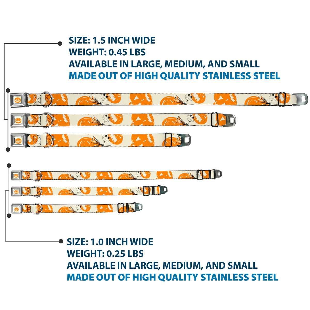 The Nightmare Before Christmas Pumpkin Ivory/Orange Seatbelt Buckle Collar - The Nightmare Before Christmas Jack Pose and Pumpkins Collage Ivory/Orange/Black Dog Collars Seatbelt Buckle Disney