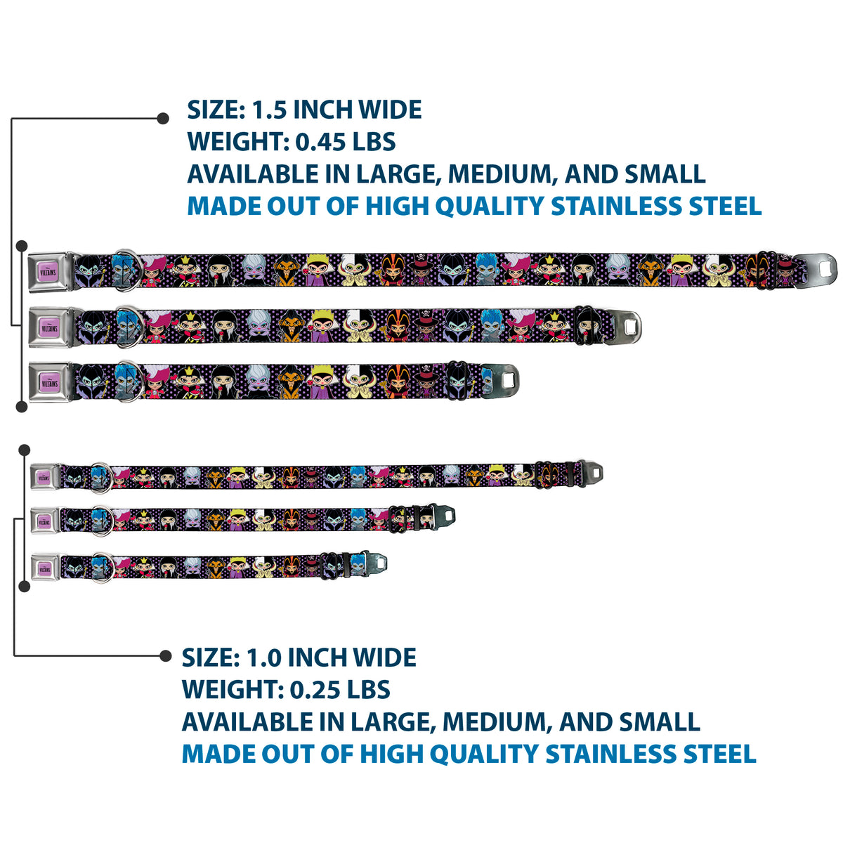 DISNEY VILLAINS Text Full Color Lavender/Black Seatbelt Buckle Collar - Disney 11-Sweet Chibi Villain Poses Polka Dot Black/Lavender Dog Collars Seatbelt Buckle Disney