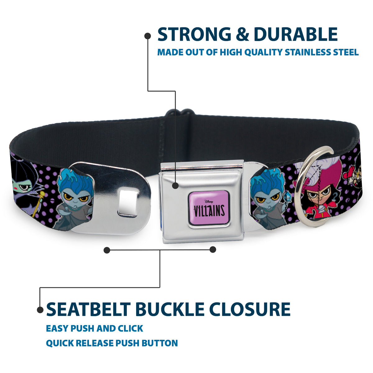 DISNEY VILLAINS Text Full Color Lavender/Black Seatbelt Buckle Collar - Disney 11-Sweet Chibi Villain Poses Polka Dot Black/Lavender Dog Collars Seatbelt Buckle Disney