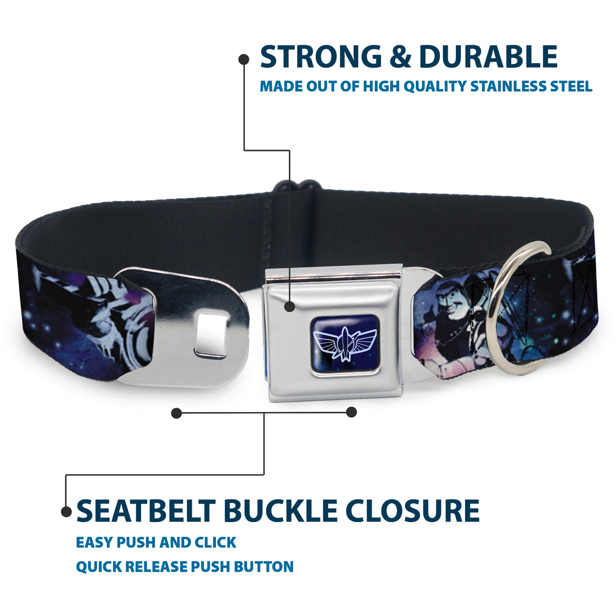 Space Ranger Logo Outline Full Color Blue/White Seatbelt Buckle Collar - Buzz Lightyear Poses Galaxy Blues Dog Collars Seatbelt Buckle Disney