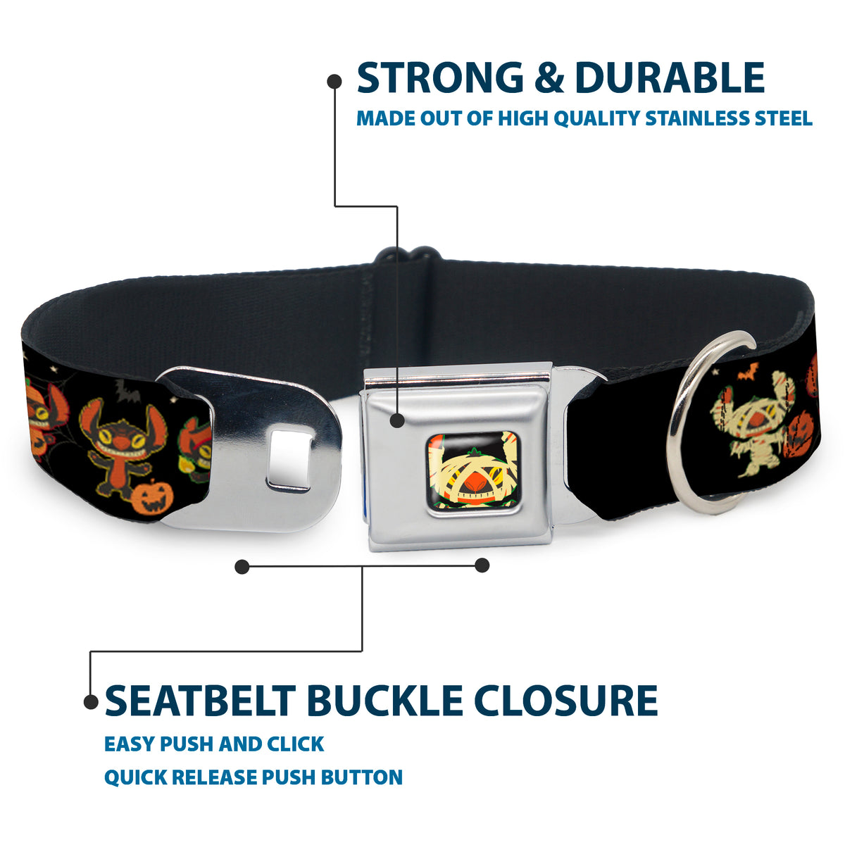 Lilo and Stitch Holiday Halloween Stitch Mummy Face Full Color Black Seatbelt Buckle Collar - Lilo and Stitch Halloween Stitch Dress Up Poses Black Dog Collars Seatbelt Buckle Disney
