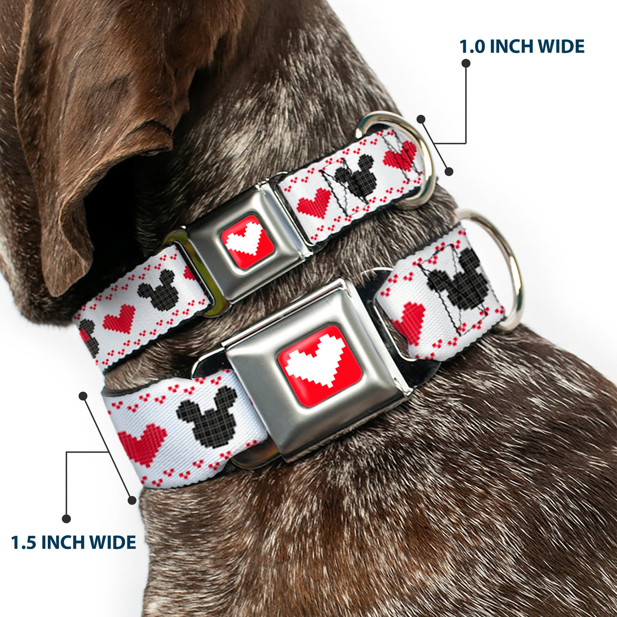 Disney Holiday Mickey and Minnie Mouse Heart Sweater Stitch Full Color Reds Seatbelt Buckle Collar - Disney Holiday Mickey and Minnie Mouse Heart Sweater Stitch White/Red/Black Dog Collars Seatbelt Buckle Disney