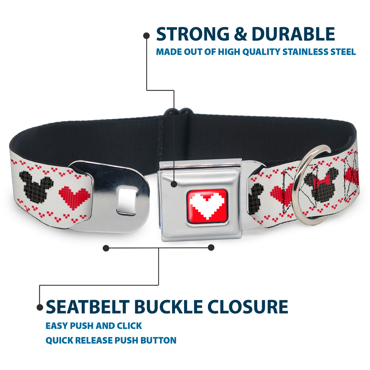 Disney Holiday Mickey and Minnie Mouse Heart Sweater Stitch Full Color Reds Seatbelt Buckle Collar - Disney Holiday Mickey and Minnie Mouse Heart Sweater Stitch White/Red/Black Dog Collars Seatbelt Buckle Disney