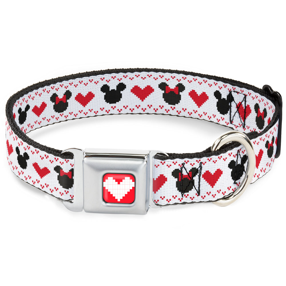 Disney Holiday Mickey and Minnie Mouse Heart Sweater Stitch Full Color Reds Seatbelt Buckle Collar - Disney Holiday Mickey and Minnie Mouse Heart Sweater Stitch White/Red/Black Dog Collars Seatbelt Buckle Disney