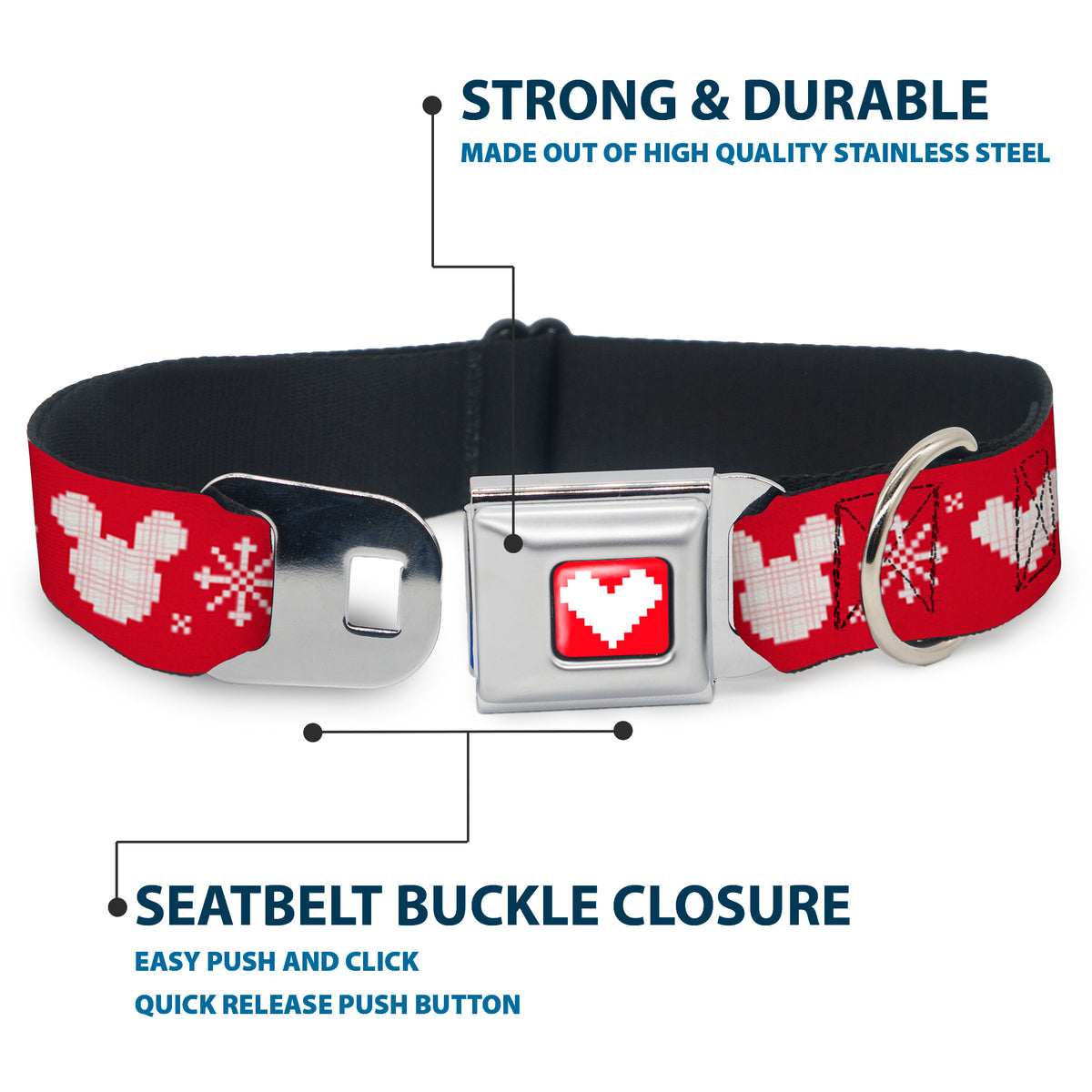 Disney Holiday Mickey Mouse Heart Sweater Stitch Full Color Red/White Seatbelt Buckle Collar - Disney Holiday Mickey Mouse Heart Sweater Stitch Red/White Dog Collars Seatbelt Buckle Disney