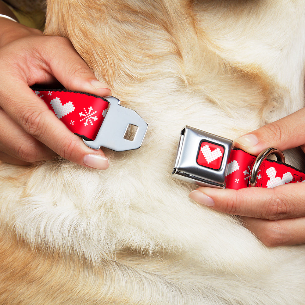 Disney Holiday Mickey Mouse Heart Sweater Stitch Full Color Red/White Seatbelt Buckle Collar - Disney Holiday Mickey Mouse Heart Sweater Stitch Red/White Dog Collars Seatbelt Buckle Disney