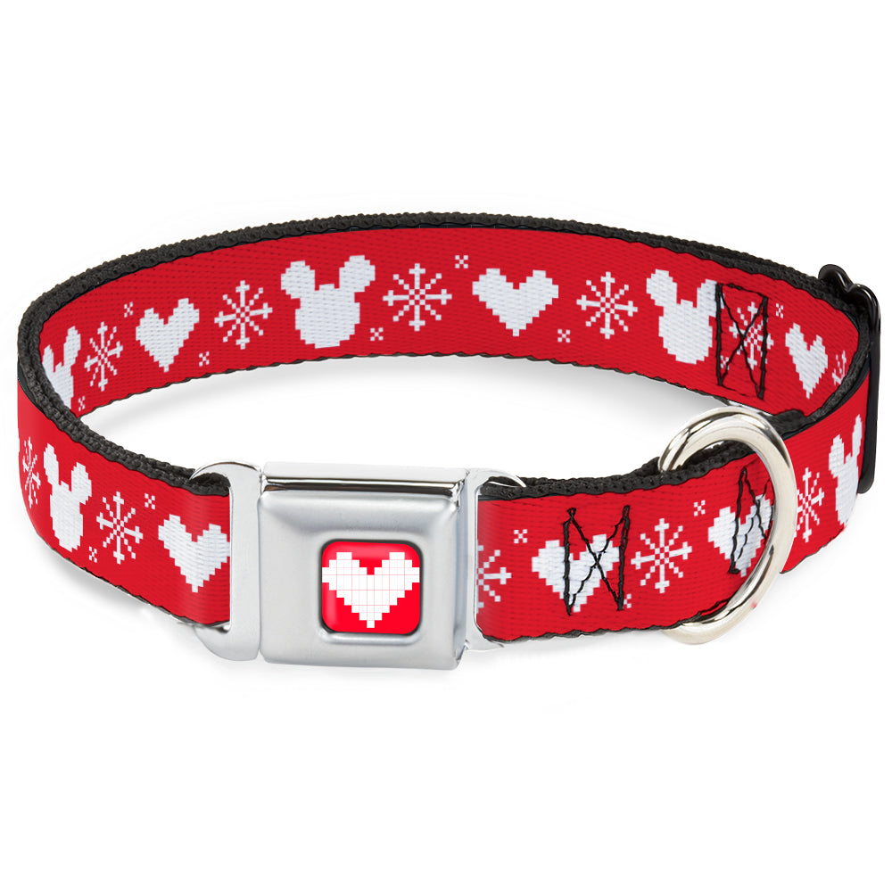 Disney Holiday Mickey Mouse Heart Sweater Stitch Full Color Red/White Seatbelt Buckle Collar - Disney Holiday Mickey Mouse Heart Sweater Stitch Red/White Dog Collars Seatbelt Buckle Disney