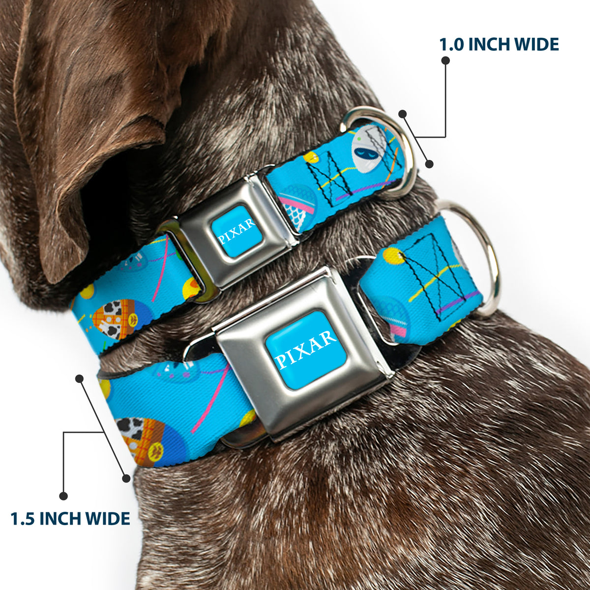 PIXAR Title Logo Full Color Blue/White Seatbelt Buckle Collar - Pixar Holiday Collection Easter Egg Characters Scattered Blue Dog Collars Seatbelt Buckle Disney