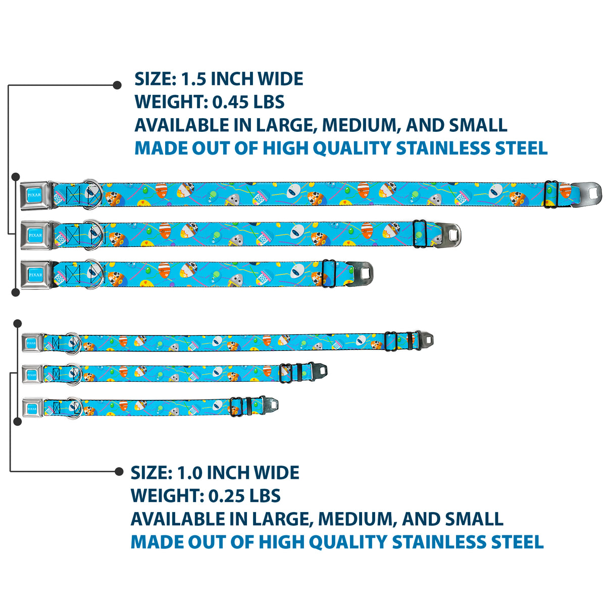 PIXAR Title Logo Full Color Blue/White Seatbelt Buckle Collar - Pixar Holiday Collection Easter Egg Characters Scattered Blue Dog Collars Seatbelt Buckle Disney