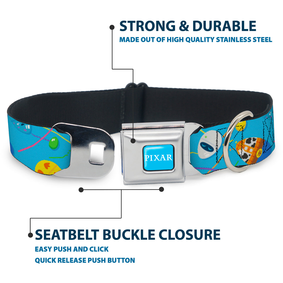 PIXAR Title Logo Full Color Blue/White Seatbelt Buckle Collar - Pixar Holiday Collection Easter Egg Characters Scattered Blue Dog Collars Seatbelt Buckle Disney