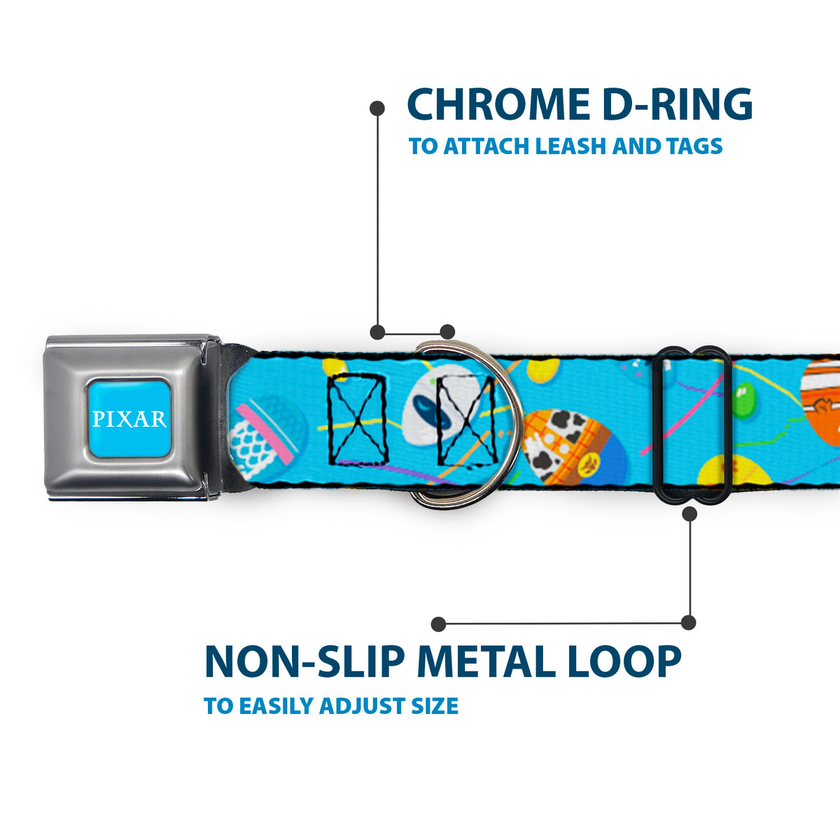 PIXAR Title Logo Full Color Blue/White Seatbelt Buckle Collar - Pixar Holiday Collection Easter Egg Characters Scattered Blue Dog Collars Seatbelt Buckle Disney