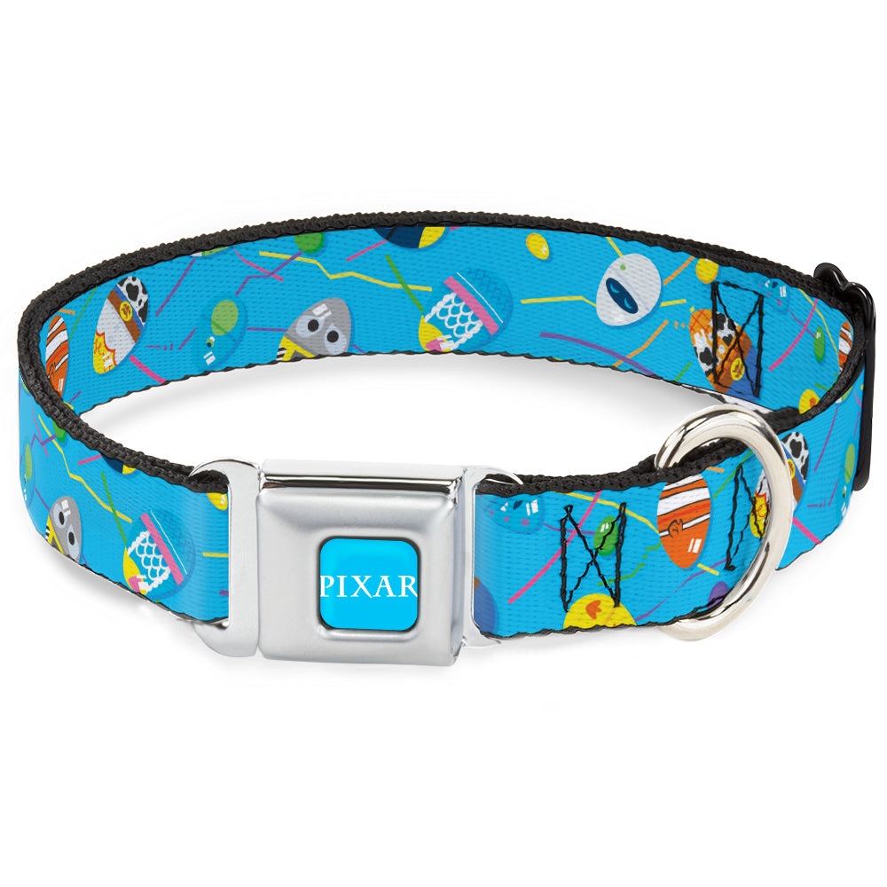 PIXAR Title Logo Full Color Blue/White Seatbelt Buckle Collar - Pixar Holiday Collection Easter Egg Characters Scattered Blue Dog Collars Seatbelt Buckle Disney