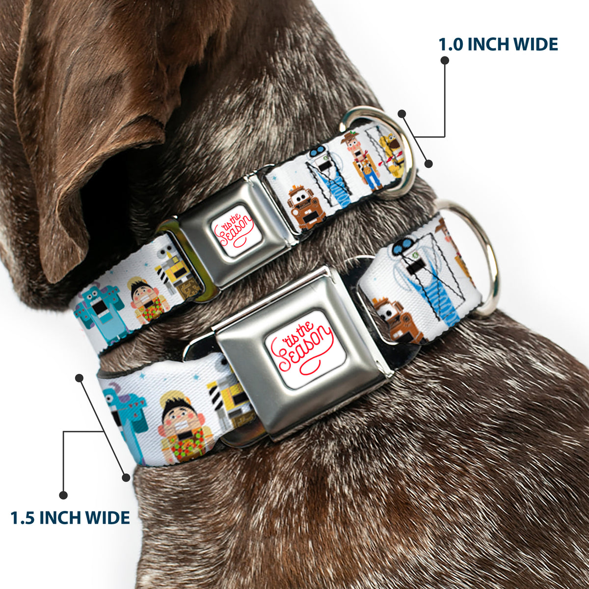 Pixar TIS THE SEASON Script Full Color White/Red Seatbelt Buckle Collar - Pixar Holiday Collection Nutcracker Characters Lineup/Stars White/Blues Dog Collars Seatbelt Buckle Disney
