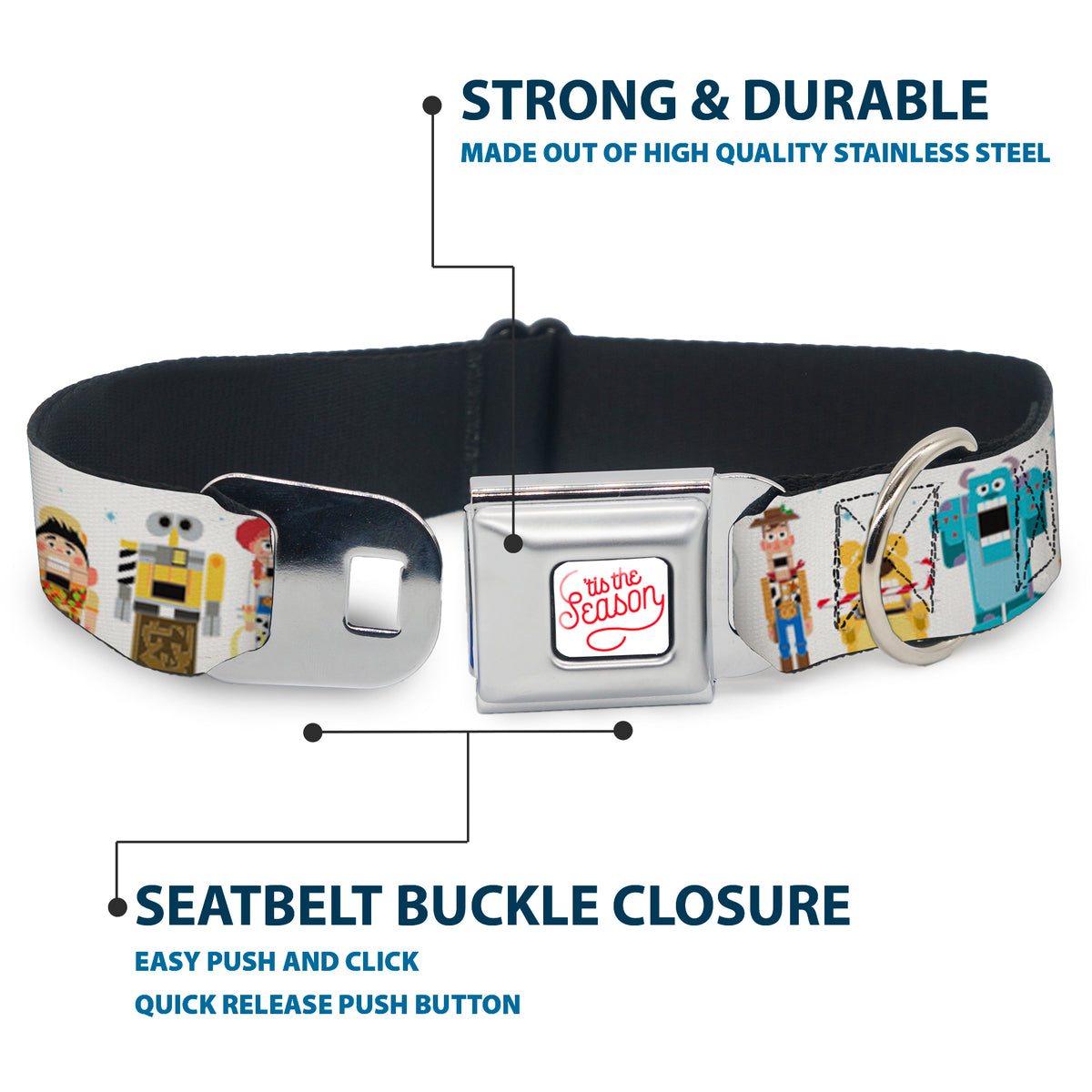 Pixar TIS THE SEASON Script Full Color White/Red Seatbelt Buckle Collar - Pixar Holiday Collection Nutcracker Characters Lineup/Stars White/Blues Dog Collars Seatbelt Buckle Disney