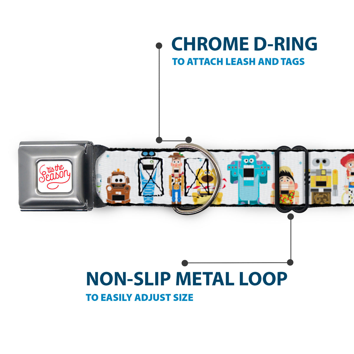 Pixar TIS THE SEASON Script Full Color White/Red Seatbelt Buckle Collar - Pixar Holiday Collection Nutcracker Characters Lineup/Stars White/Blues Dog Collars Seatbelt Buckle Disney