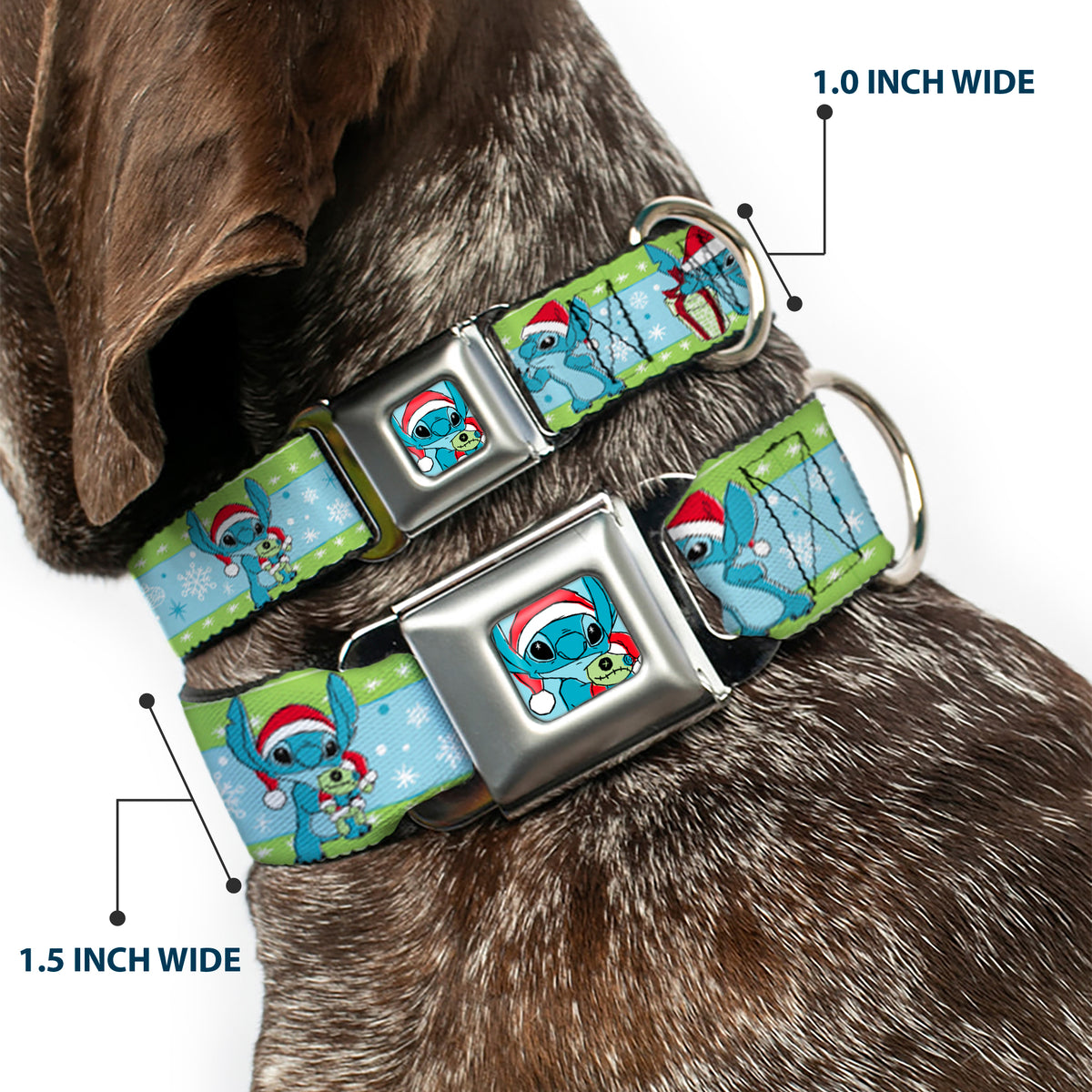 Lilo and Stitch Holiday Stitch and Scrump Pose Full Color Blue Seatbelt Buckle Collar - Lilo and Stitch Holiday Stitch and Scrump Poses Stripe Green/Blue Dog Collars Seatbelt Buckle Disney