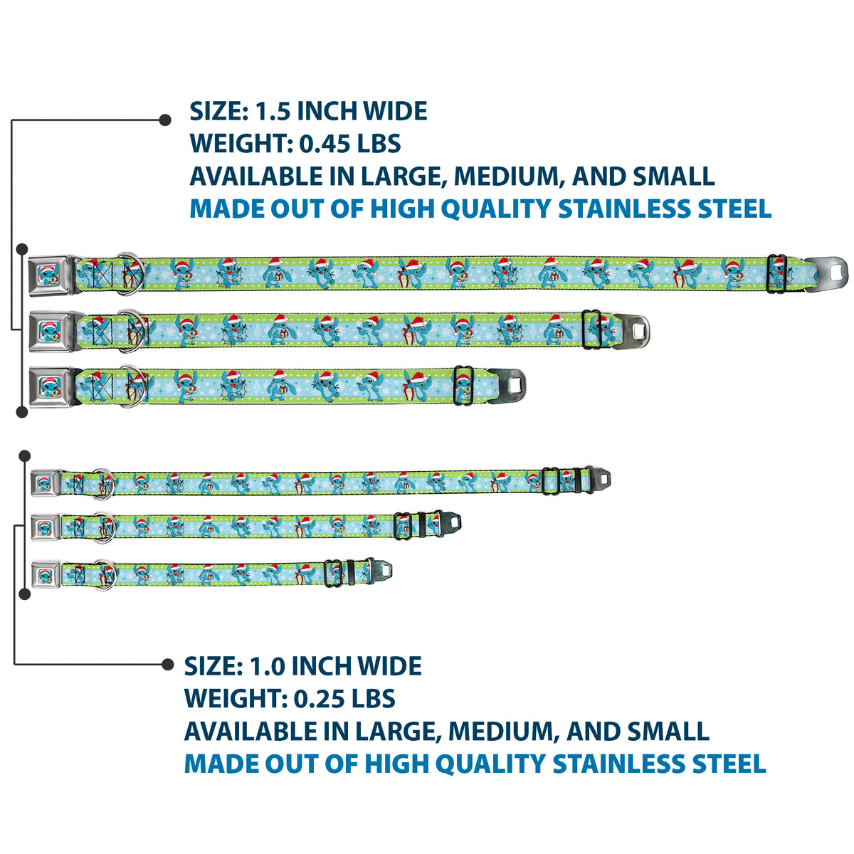 Lilo and Stitch Holiday Stitch and Scrump Pose Full Color Blue Seatbelt Buckle Collar - Lilo and Stitch Holiday Stitch and Scrump Poses Stripe Green/Blue Dog Collars Seatbelt Buckle Disney