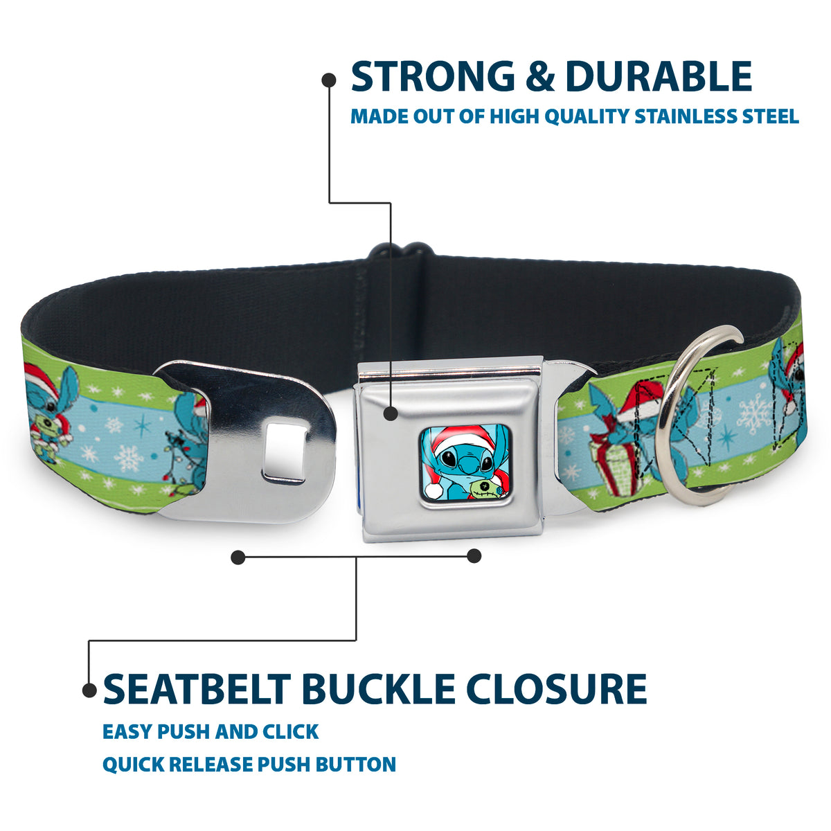 Lilo and Stitch Holiday Stitch and Scrump Pose Full Color Blue Seatbelt Buckle Collar - Lilo and Stitch Holiday Stitch and Scrump Poses Stripe Green/Blue Dog Collars Seatbelt Buckle Disney