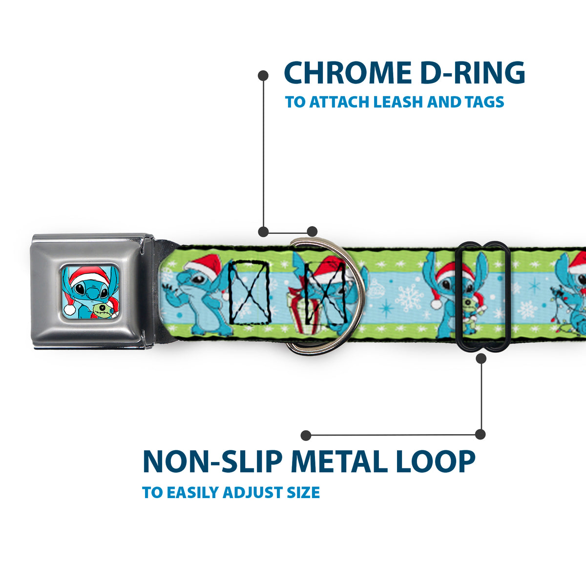 Lilo and Stitch Holiday Stitch and Scrump Pose Full Color Blue Seatbelt Buckle Collar - Lilo and Stitch Holiday Stitch and Scrump Poses Stripe Green/Blue Dog Collars Seatbelt Buckle Disney