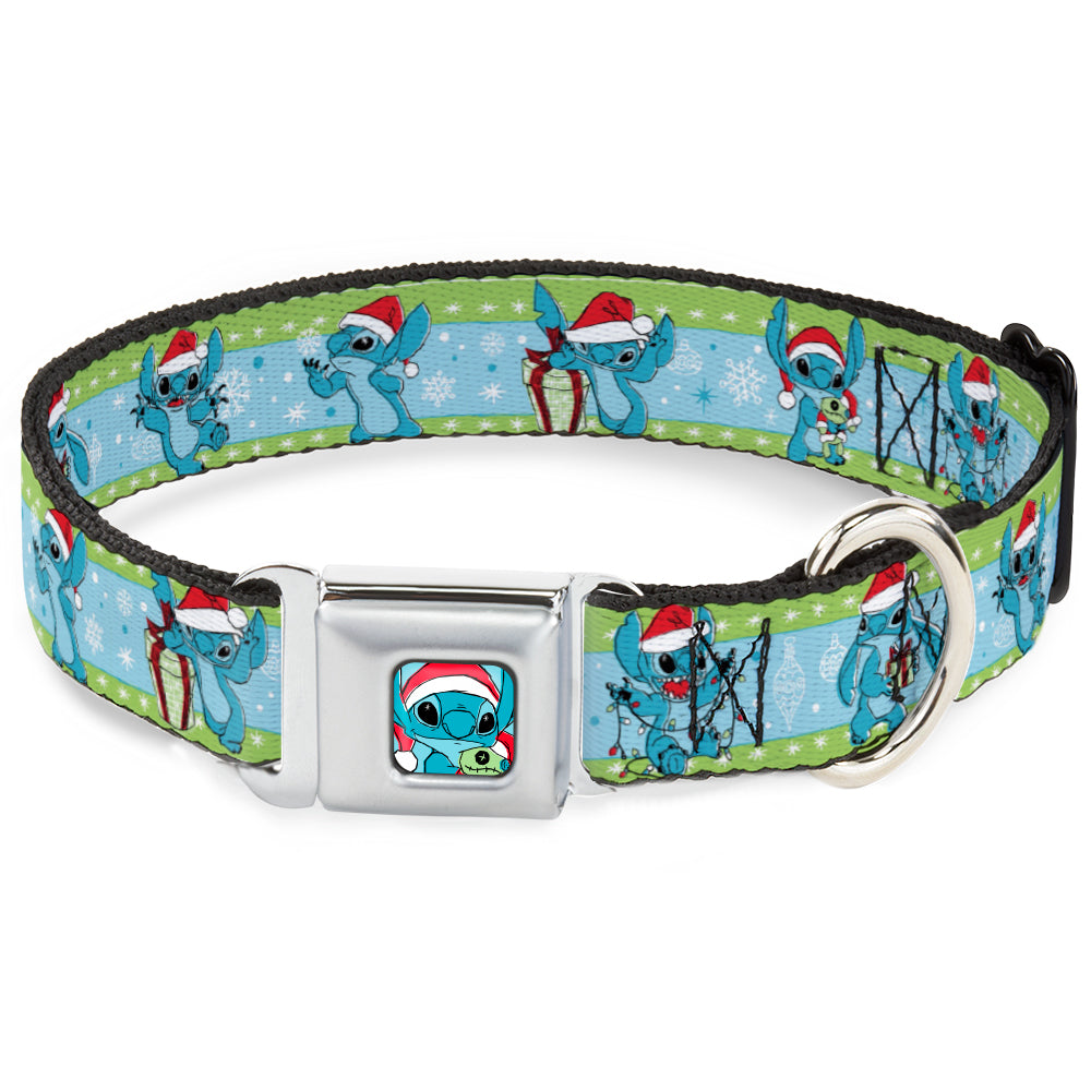 Lilo and Stitch Holiday Stitch and Scrump Pose Full Color Blue Seatbelt Buckle Collar - Lilo and Stitch Holiday Stitch and Scrump Poses Stripe Green/Blue Dog Collars Seatbelt Buckle Disney