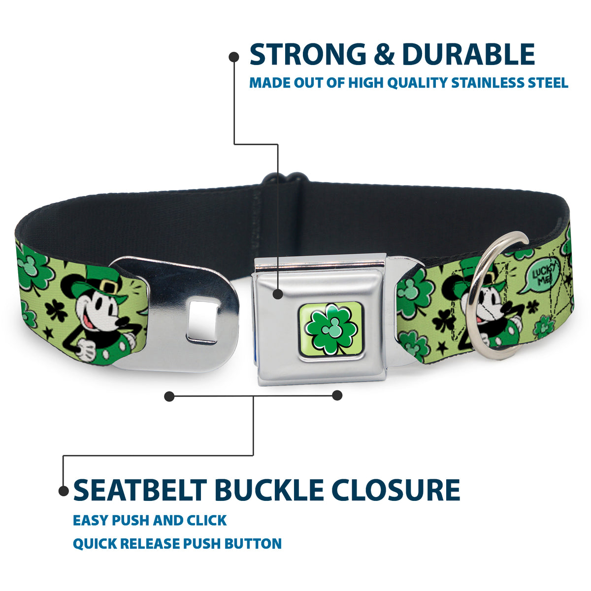 Mickey Mouse St. Patrick's Day Shamrock Full Color Greens Seatbelt Buckle Collar - Mickey Mouse St. Patrick's Day LUCKY ME Leprechaun Pose and Shamrocks Greens Dog Collars Seatbelt Buckle Disney