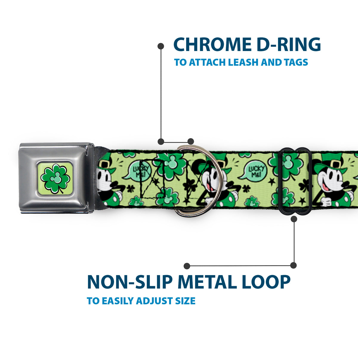 Mickey Mouse St. Patrick's Day Shamrock Full Color Greens Seatbelt Buckle Collar - Mickey Mouse St. Patrick's Day LUCKY ME Leprechaun Pose and Shamrocks Greens Dog Collars Seatbelt Buckle Disney