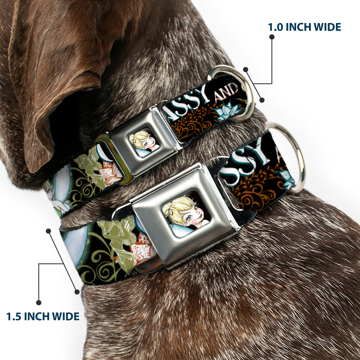 Tinker Bell Sketch Full Color Black Seatbelt Buckle Collar - Tinker Bell Floral Collage CLASSY AND SASSY Dog Collars Seatbelt Buckle Disney