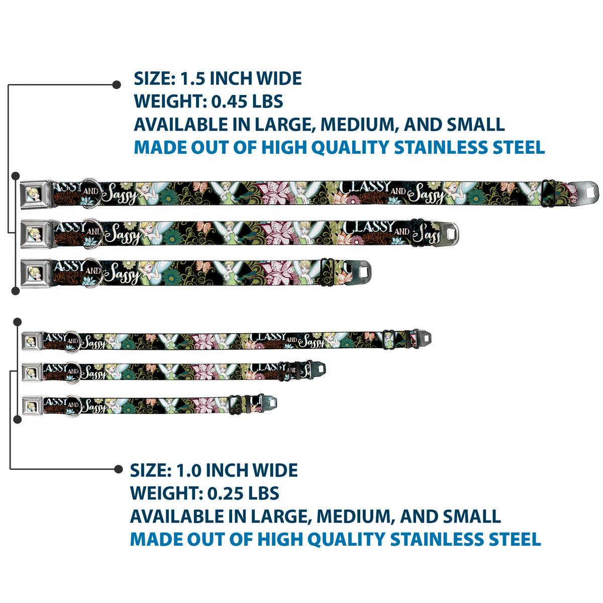 Tinker Bell Sketch Full Color Black Seatbelt Buckle Collar - Tinker Bell Floral Collage CLASSY AND SASSY Dog Collars Seatbelt Buckle Disney