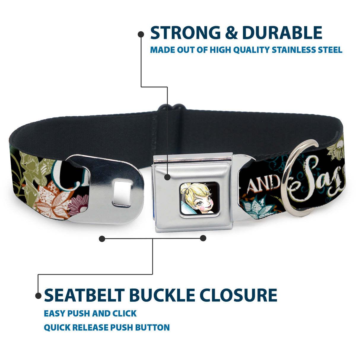Tinker Bell Sketch Full Color Black Seatbelt Buckle Collar - Tinker Bell Floral Collage CLASSY AND SASSY Dog Collars Seatbelt Buckle Disney